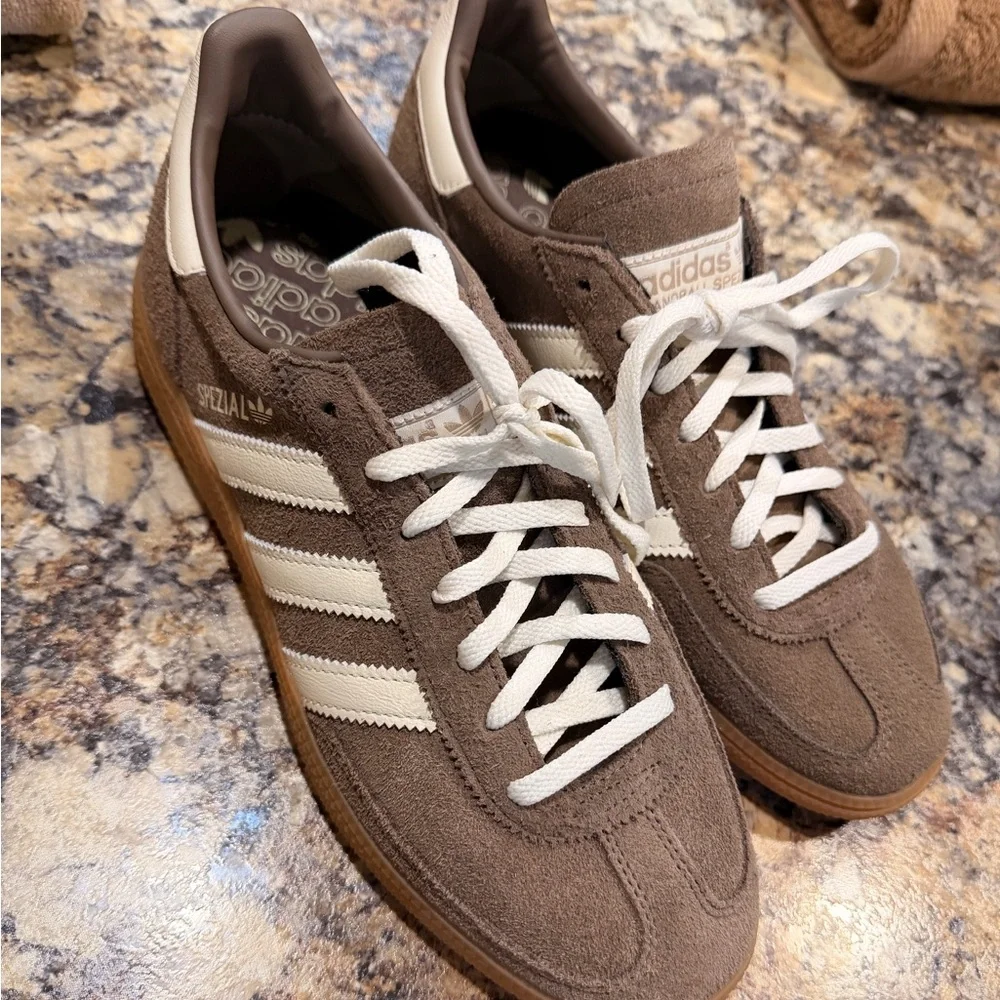 adidas Spezial Chocolate Brown Suede Sneakers with Off-White Stripes - Picture 3 of 6